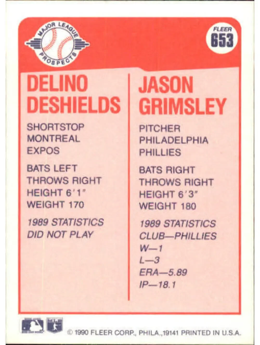 1990 Delino DeShields / Jason Grimsley Fleer Baseball Card #653